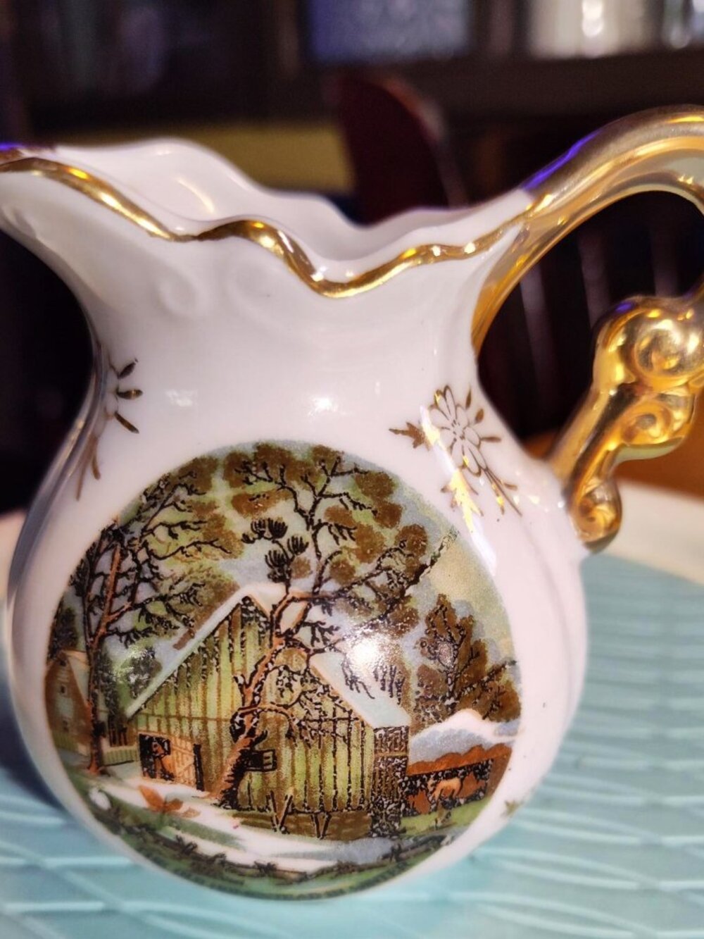 Vintage Old Homestead Winter Miniature Pitcher – Gold Trimmed SHIPS FREE